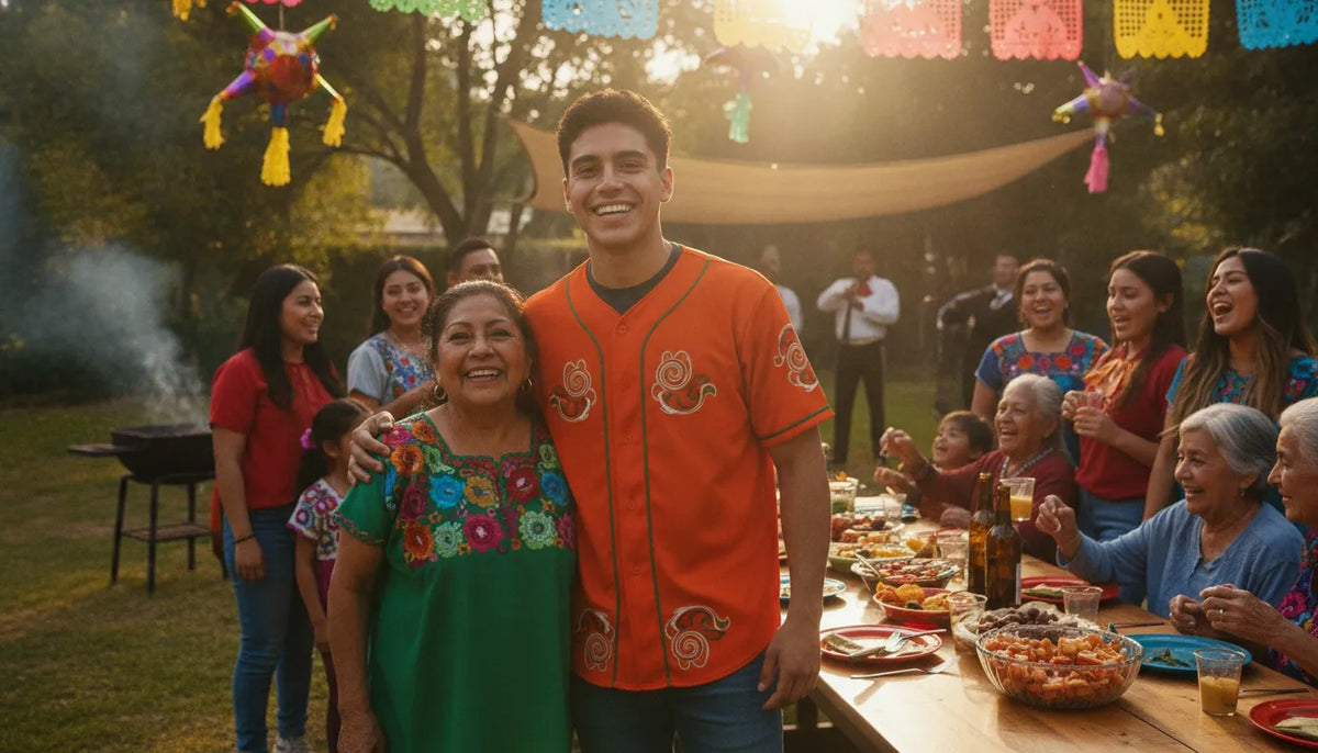 Un joven mexicoamericano sonriendo con orgullo mientras luce un jersey de béisbol naranja de su estado en una reunión familiar