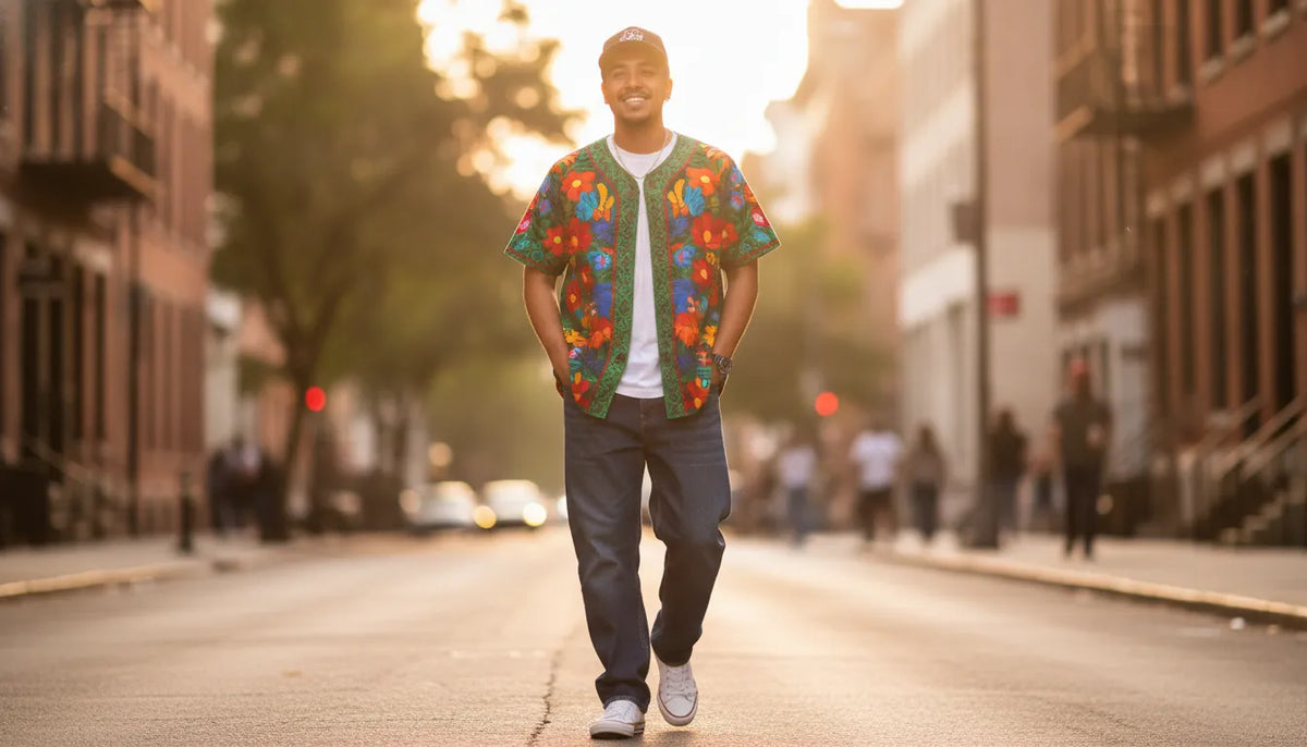 Un hombre luce un jersey de beisbol mexicano bordado con colores vibrantes en un look de streetwear urbano diario