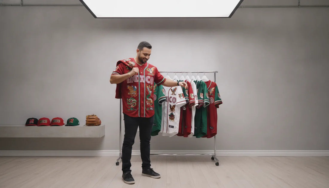 Man choosing the fit of a mexico baseball jersey men style