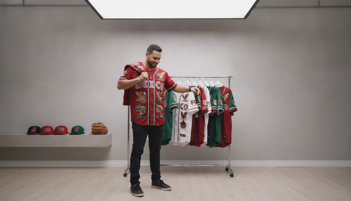 Man choosing the fit of a mexico baseball jersey men style