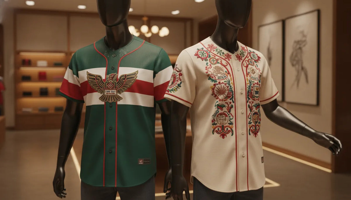 Two premium baseball jerseys displayed side by side showing Mexico national style and Mexican state pride design