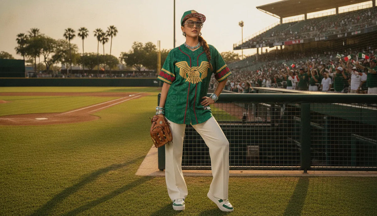 Woman styling a Mexico baseball jersey for women at a ballpark