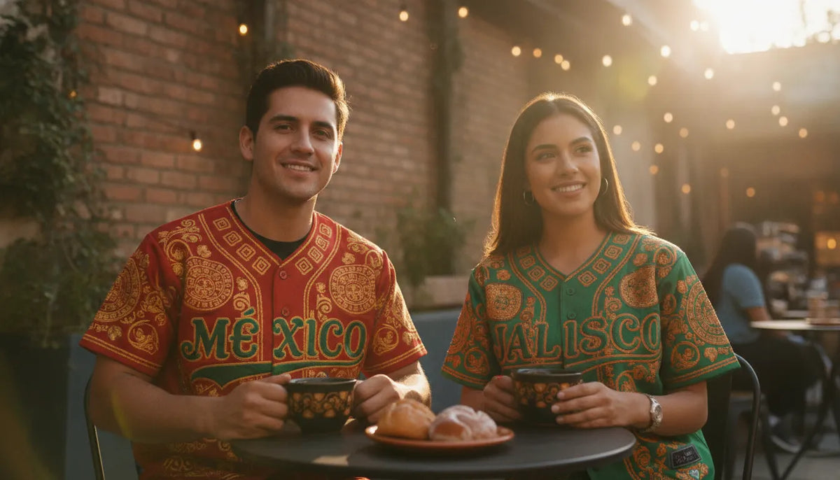 Mexican-American couple wearing embroidered Mexico baseball shirts in everyday settings