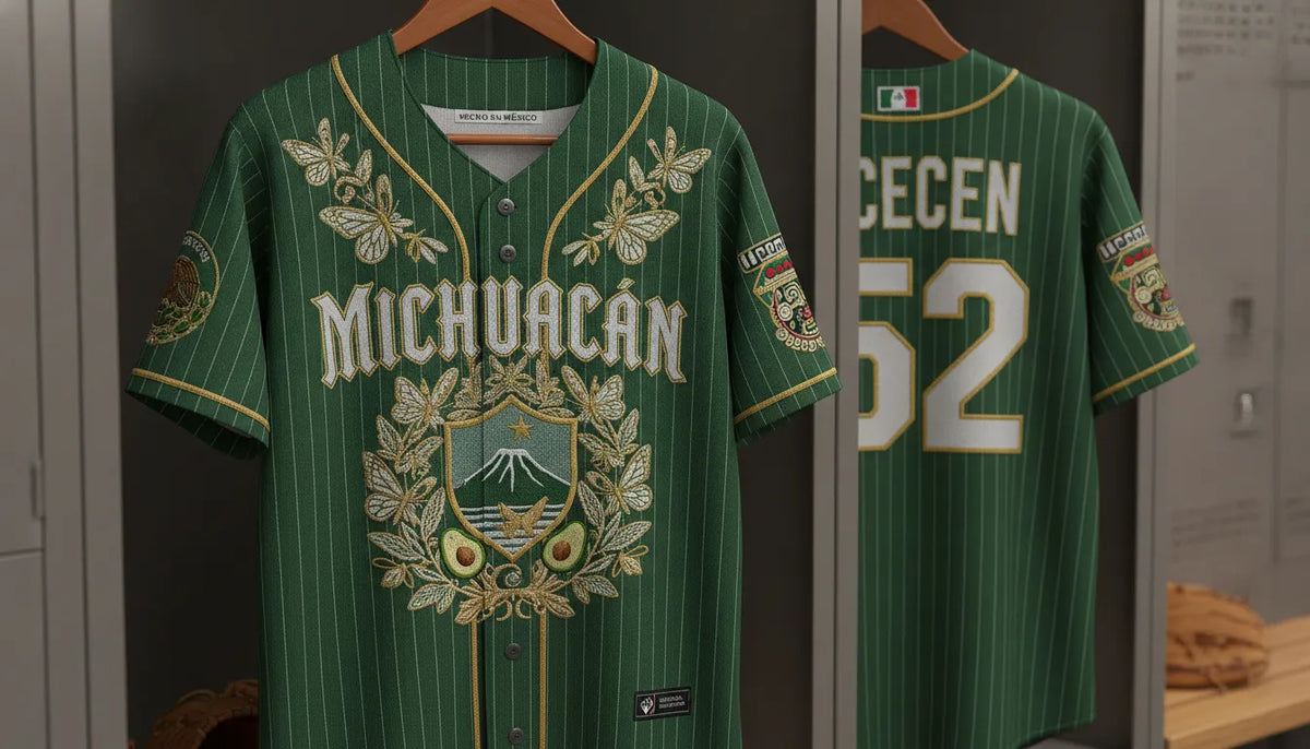 A professionally embroidered green and white Michoacán baseball jersey representing Mexican state pride and cultural heritage