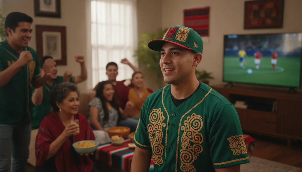 Mexican fan wearing a green baseball jersey and cap at a Mundial viewing gathering