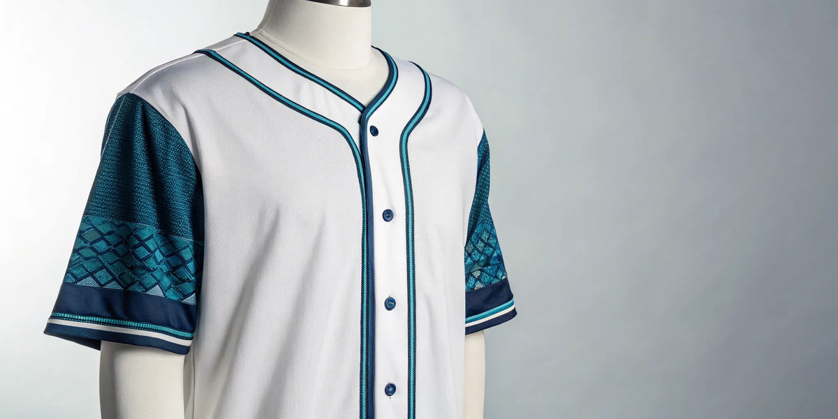 A white Nayarit baseball jersey with blue patterned sleeves.