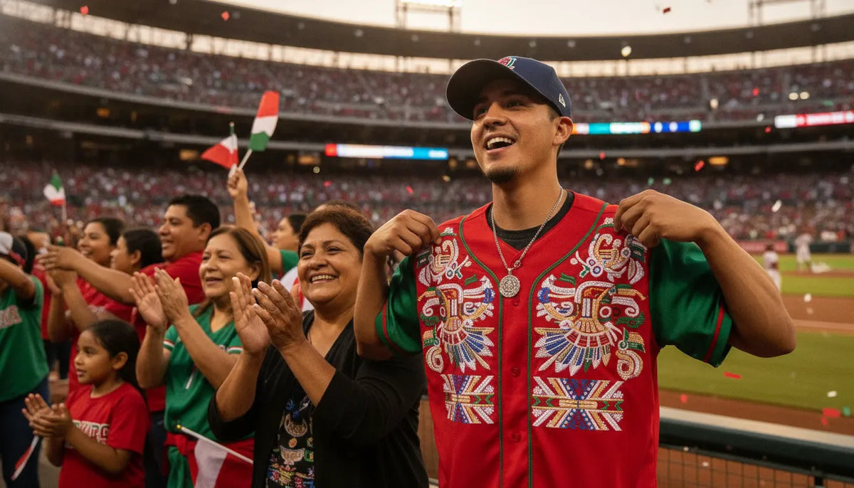 Fan mexicano-estadounidense mostrando con orgullo un nuevo jersey de béisbol bordado en rojo y verde frente al estadio