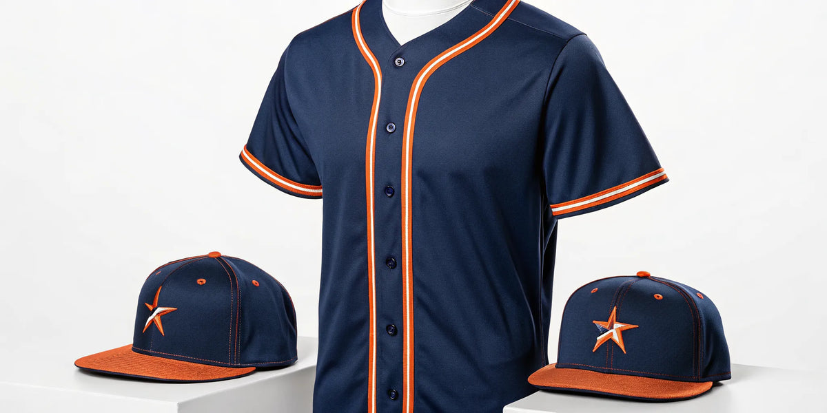 Navy beisbol Astros jersey and Gallo Fino hat with an orange star logo.