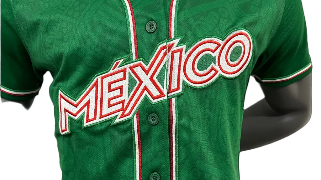 Retro green Mexico jersey with embroidered Mexico lettering and red and white trim