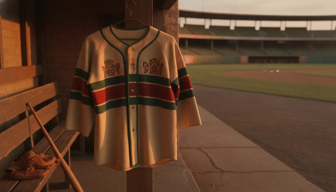 Retro Mexico baseball jersey in a vintage ballpark dugout