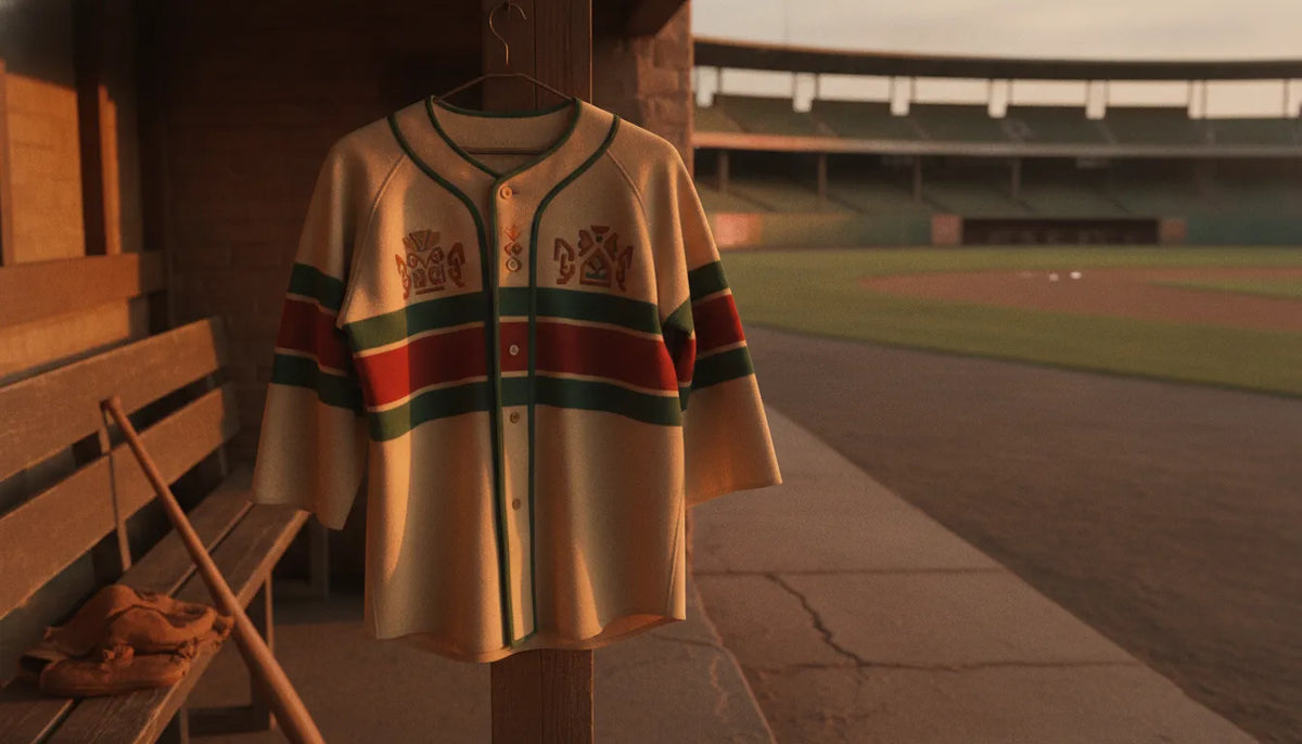 Retro Mexico baseball jersey in a vintage ballpark dugout