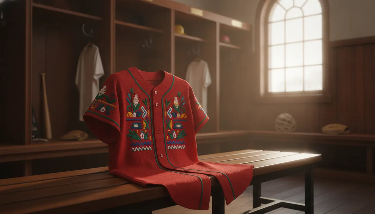 Red Sinaloa-inspired baseball jersey in a stadium locker
