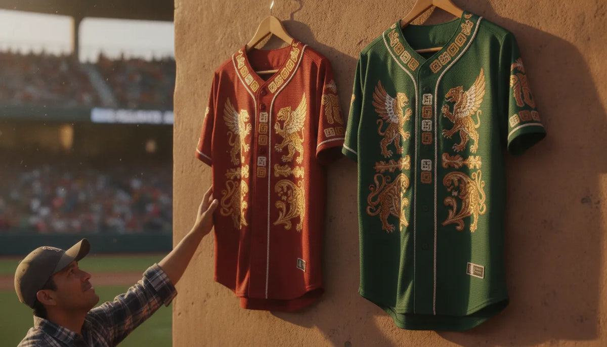 Sinaloa Red y Michoacán Green, dos jerseys de estado de béisbol hechos en México con detalles bordados