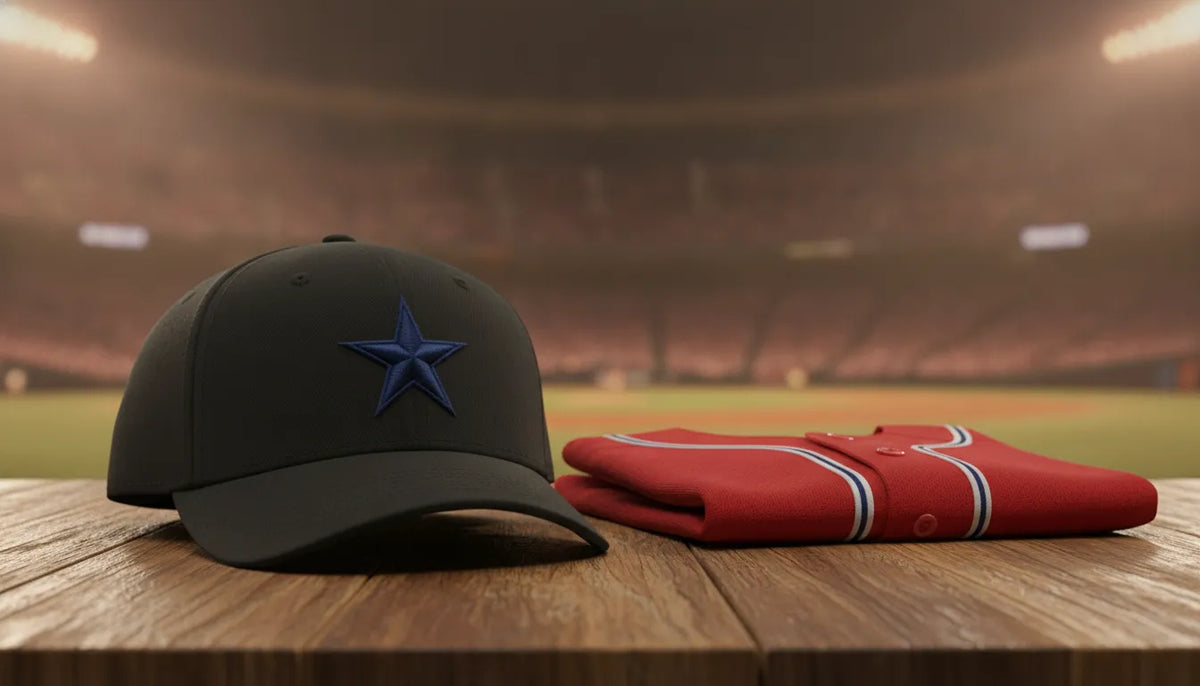 Gorra estructurada negra con estrellas azules junto a un jersey rojo de beisbol