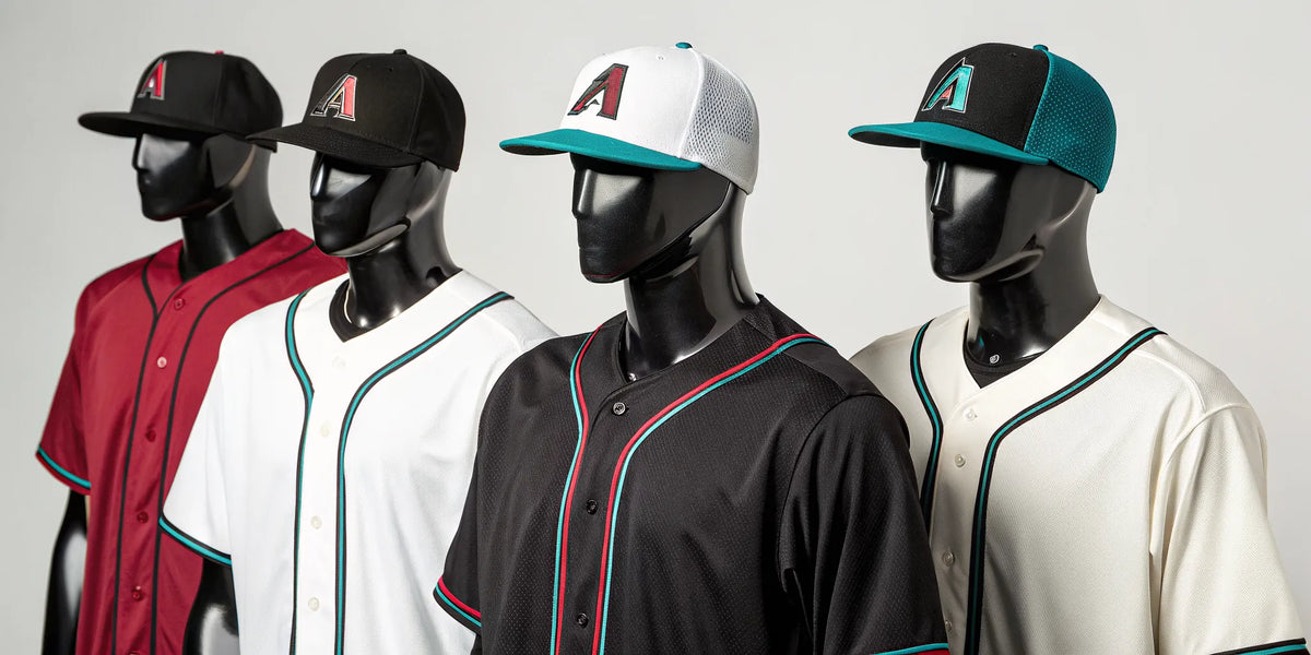 A variety of official Arizona Diamond Backs beisbol gear, including jerseys and hats.