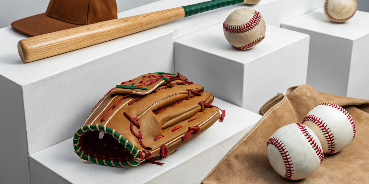 Authentic Mexican baseball gear with a glove, bat, cap, and baseballs.