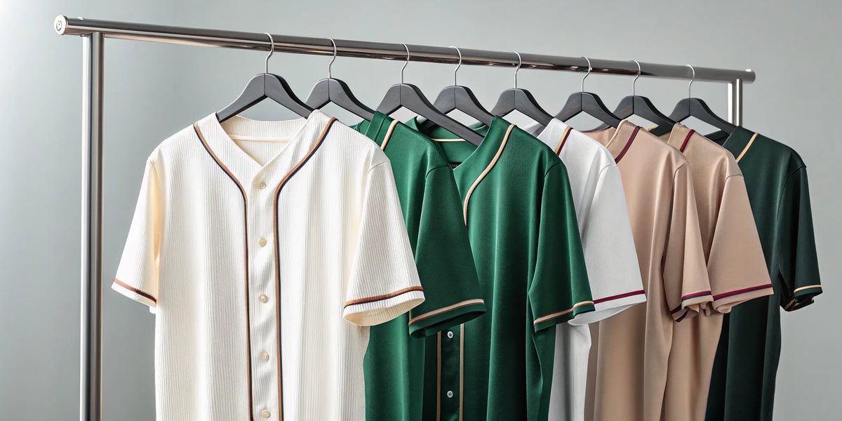 Best Zacatecas baseball jersey designs in green, white, and beige on hangers.