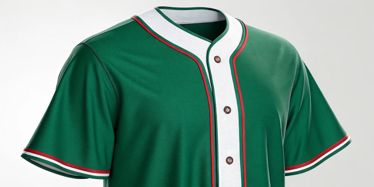 An official Mexico baseball jersey in the national colors of green, white, and red.