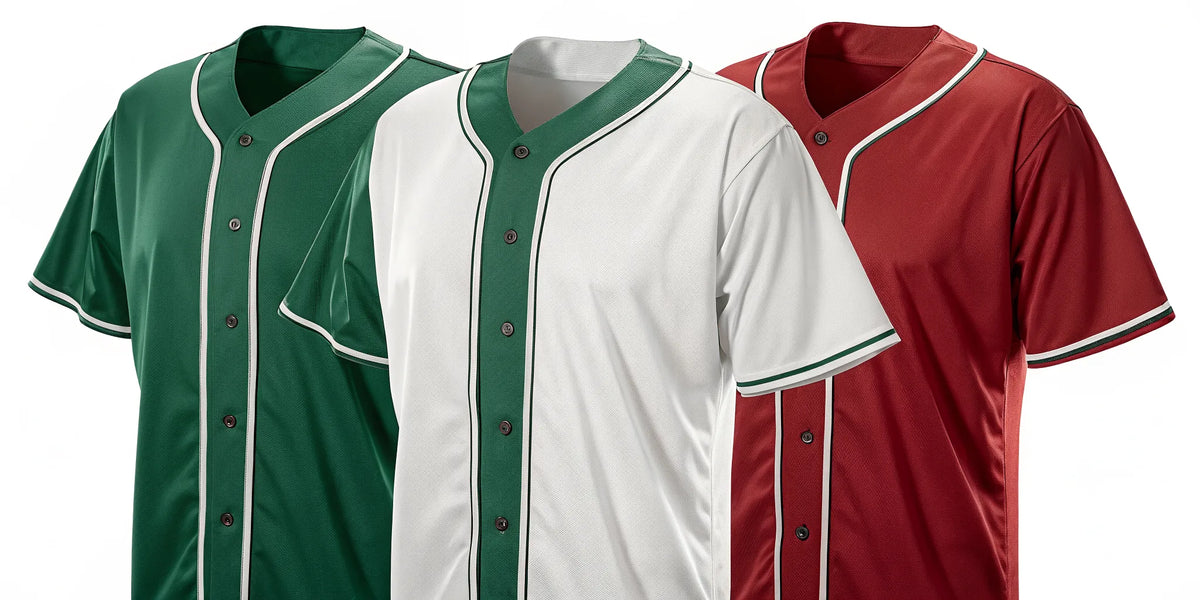 A collection of button-down Mexican flag baseball jerseys.