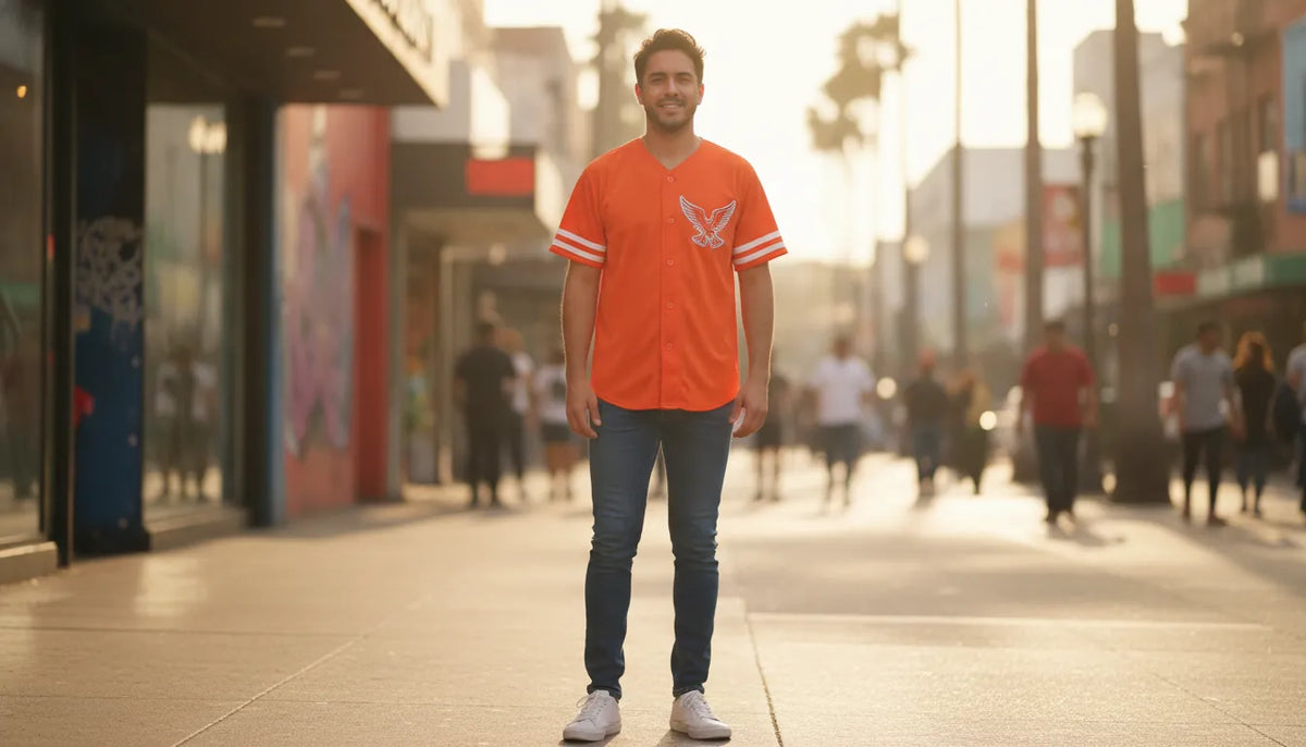 Jersey de beisbol de Mexico de color naranja en un conjunto casual de estilo capsula urbano