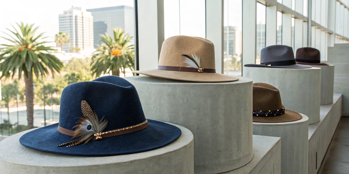 Beisbol Dandy hats with bold colors and unique feathers on display in a Los Angeles shop.