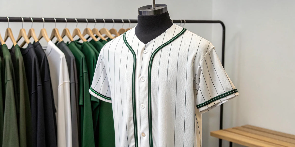 A pinstripe Durango baseball jersey with green trim on display.