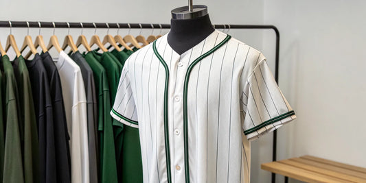 A pinstripe Durango baseball jersey with green trim on display.