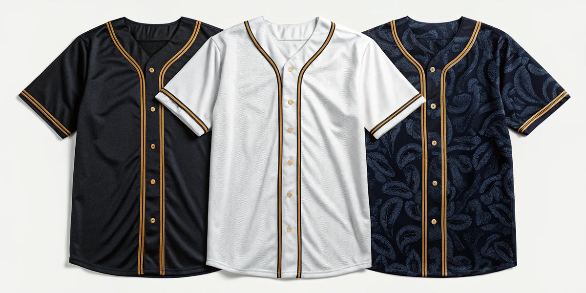 Guadalajara baseball jersey options in black, white, and navy with gold accents.