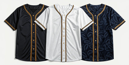 Guadalajara baseball jersey options in black, white, and navy with gold accents.