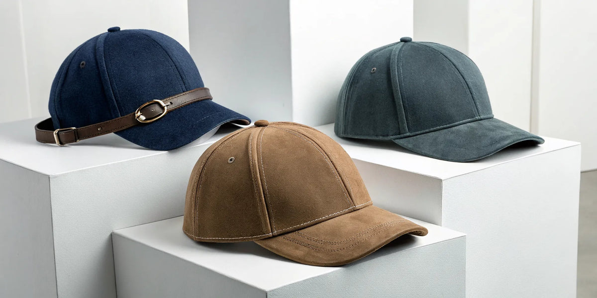Premium Beisbol Dandy hats in blue, brown, and green suede with quality leather accents.