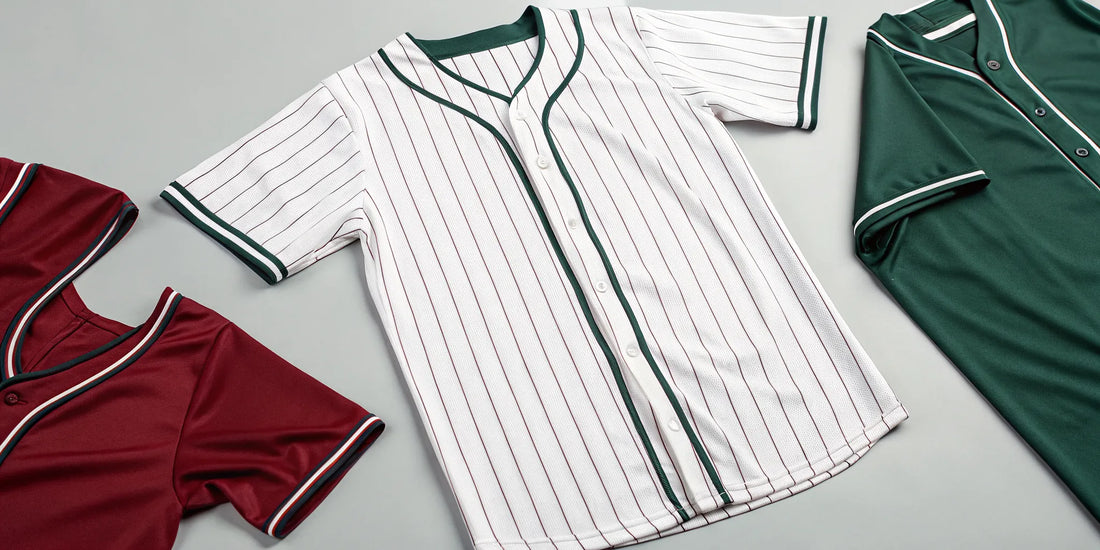 Mexican baseball apparel, including jerseys in classic pinstripe, green, and red styles.