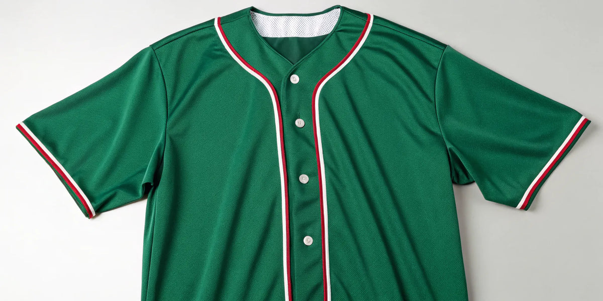 An authentic green Mexico baseball jersey with red and white trim.