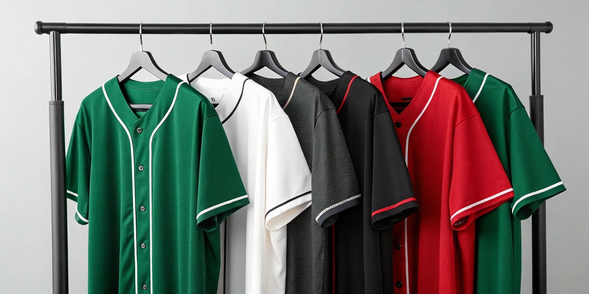 A rack of authentic Mexican baseball team jerseys in various team colors and styles.