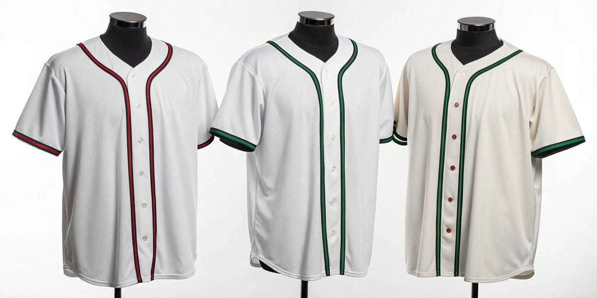 Three Tomateros de Culiacán Sinaloa baseball jerseys on mannequins, featuring classic white and cream designs.