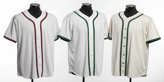 Three Tomateros de Culiacán Sinaloa baseball jerseys on mannequins, featuring classic white and cream designs.