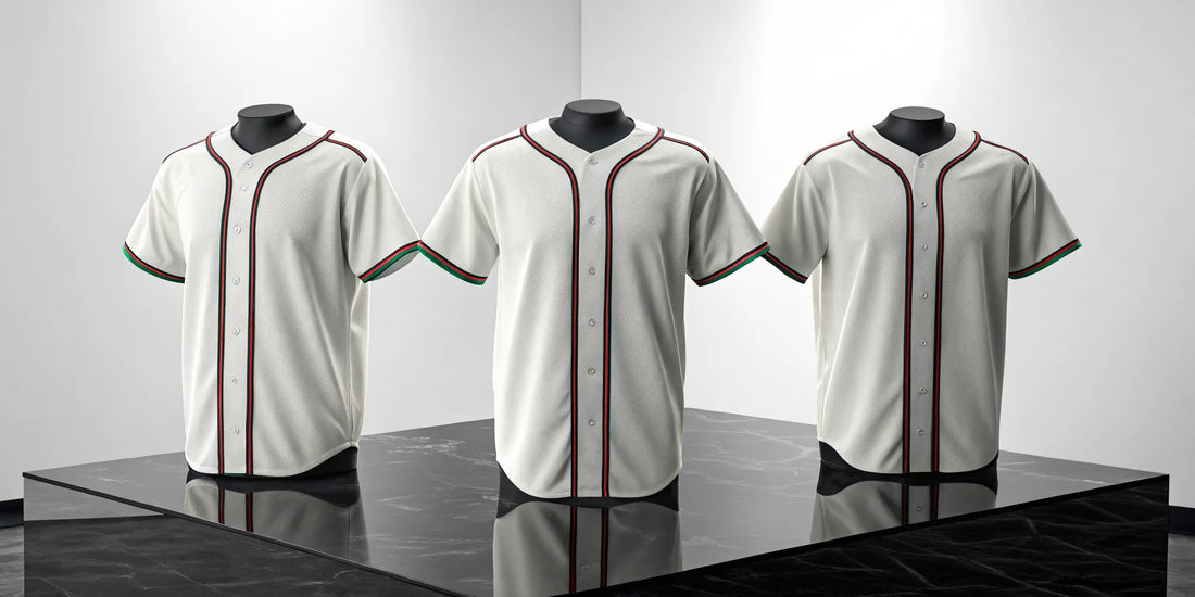 Three white Zacatecas baseball jerseys with red and green trim.