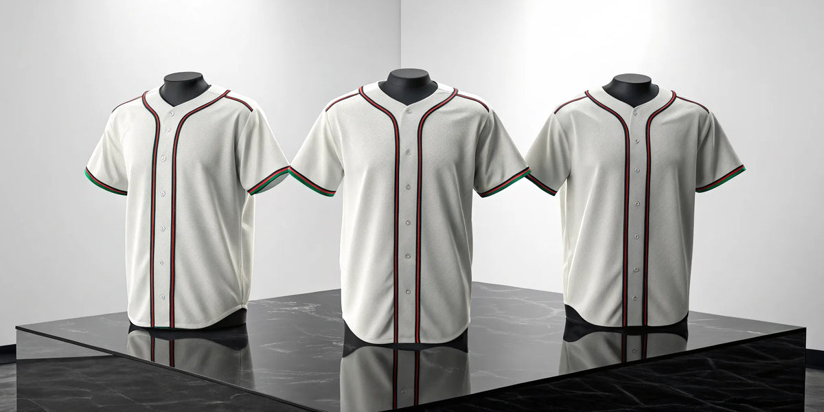 Three white Zacatecas baseball jerseys with red and green trim.