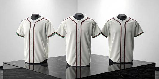 Three white Zacatecas baseball jerseys with red and green trim.