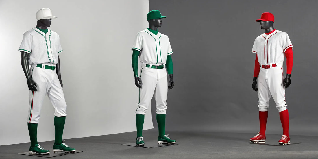 A collection of Mexican baseball uniforms, including jerseys and caps with classic red and green designs.