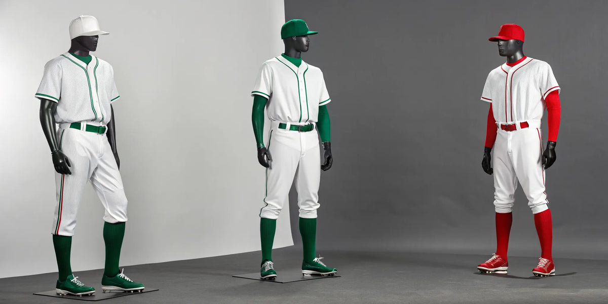 A collection of Mexican baseball uniforms, including jerseys and caps with classic red and green designs.