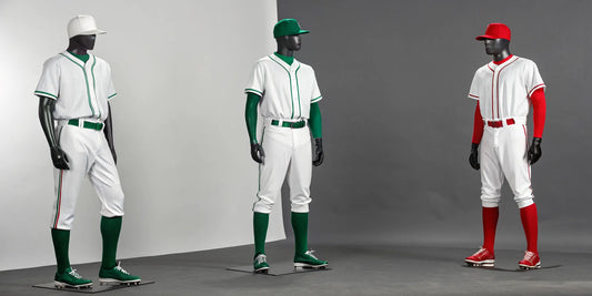 A collection of Mexican baseball uniforms, including jerseys and caps with classic red and green designs.