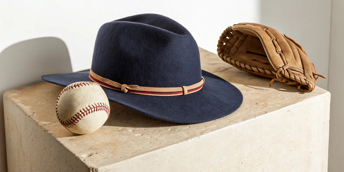 A navy Beisbol Dandy hat, baseball, and glove celebrating Texas baseball culture.
