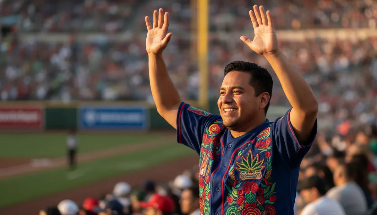 Orgulloso fanático de béisbol mexicano con un jersey de estado hecho en México en un estadio al atardecer