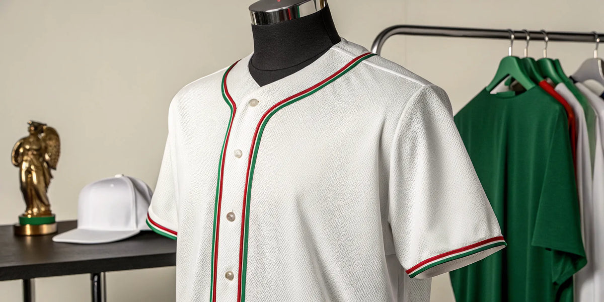 A white Mexican baseball jersey with green and red trim inspired by the Mexican flag.