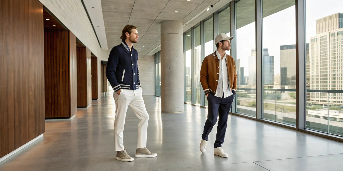 Men modeling jackets and caps from the Texans beisbol streetwear collection.