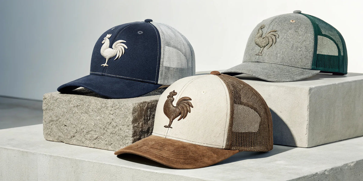 Colorful Beisbol Gallo Fino fan hats featuring the unique rooster logo design.