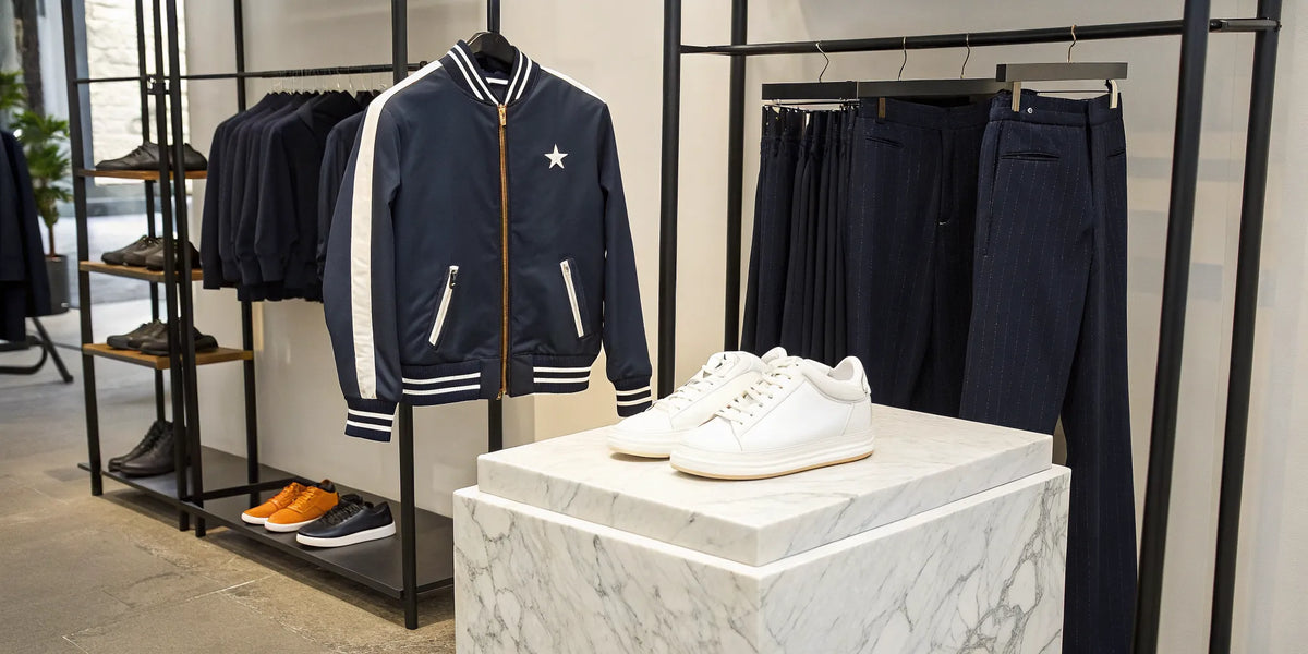 Modern beisbol Astros streetwear outfit with a navy jacket, pinstripe pants, and sneakers.