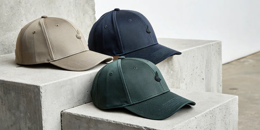 Beisbol Gallo Fino hats in tan, navy, and green with signature embroidery.