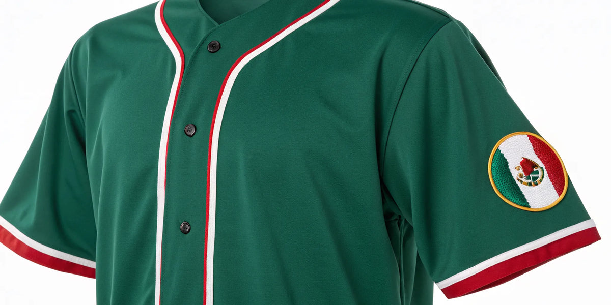 An authentic green Mexico WBC jersey featuring the Mexican flag patch.