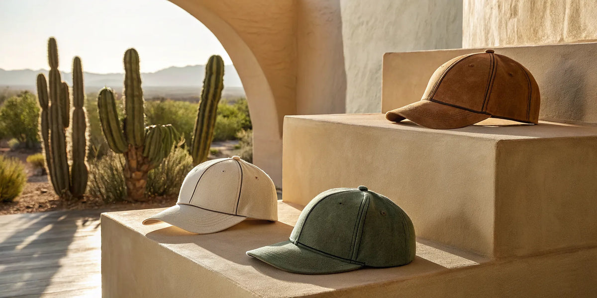 Dandy beisbol hats in tan, cream, and green on adobe steps with Arizona desert cacti.